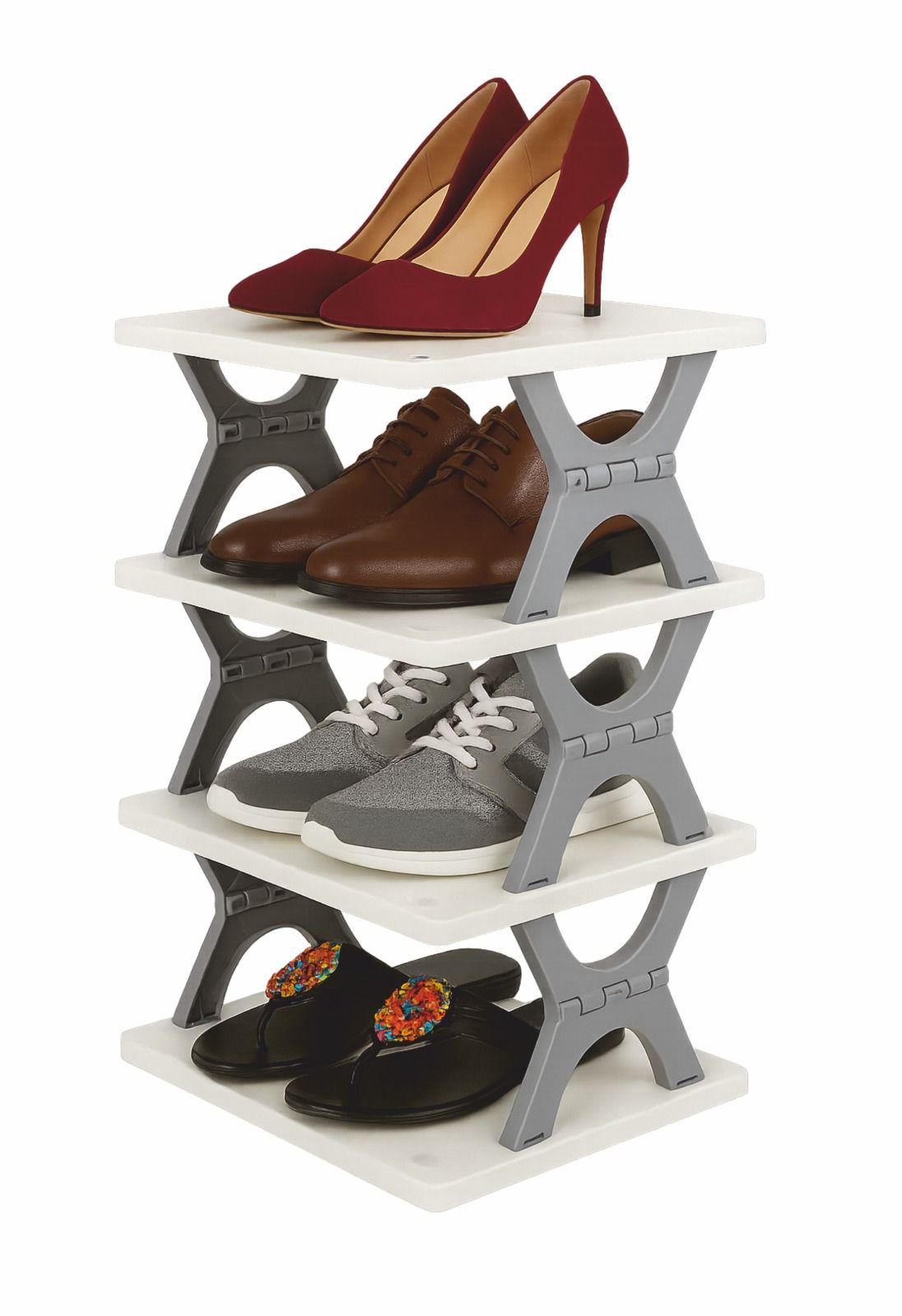A 4-layer plastic shoe rack for organizing footwear in a closet or entryway