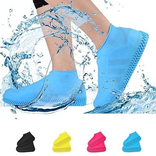 A pair of flexible silicone shoe covers showing the anti-slip sole texture