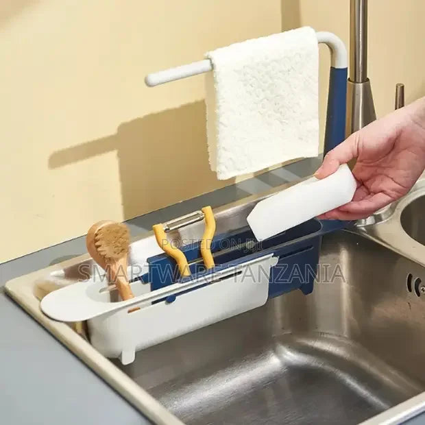 Plastic adjustable kitchen sink holder for sponge and soap storage