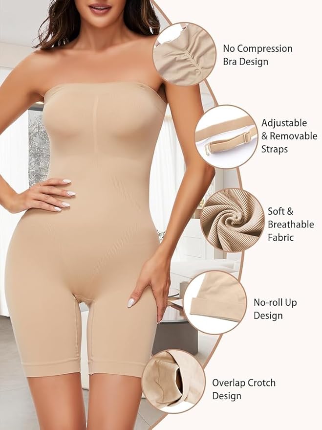 Beige strapless shapewear bodysuit made of cotton blend fabric