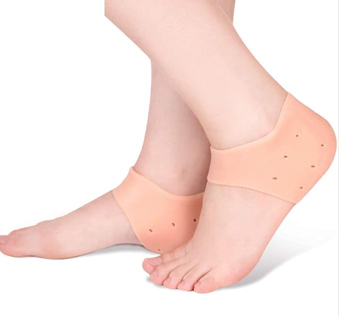 A pair of silicone gel heel protector socks for foot comfort
