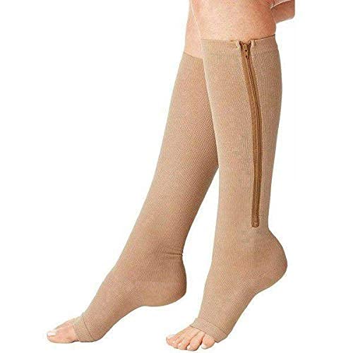 Knee-high compression socks with a side zipper in a flat lay view