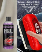 A bottle of 3-in-1 coating spray alongside a glass cleaning board on a white background.