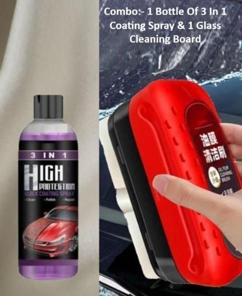 A bottle of 3-in-1 coating spray alongside a glass cleaning board on a white background.