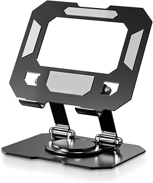 A metallic 360-degree rotating tablet stand placed on a clean desk surface
