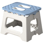 A plastic folding stool with an integrated handle in a collapsed state.