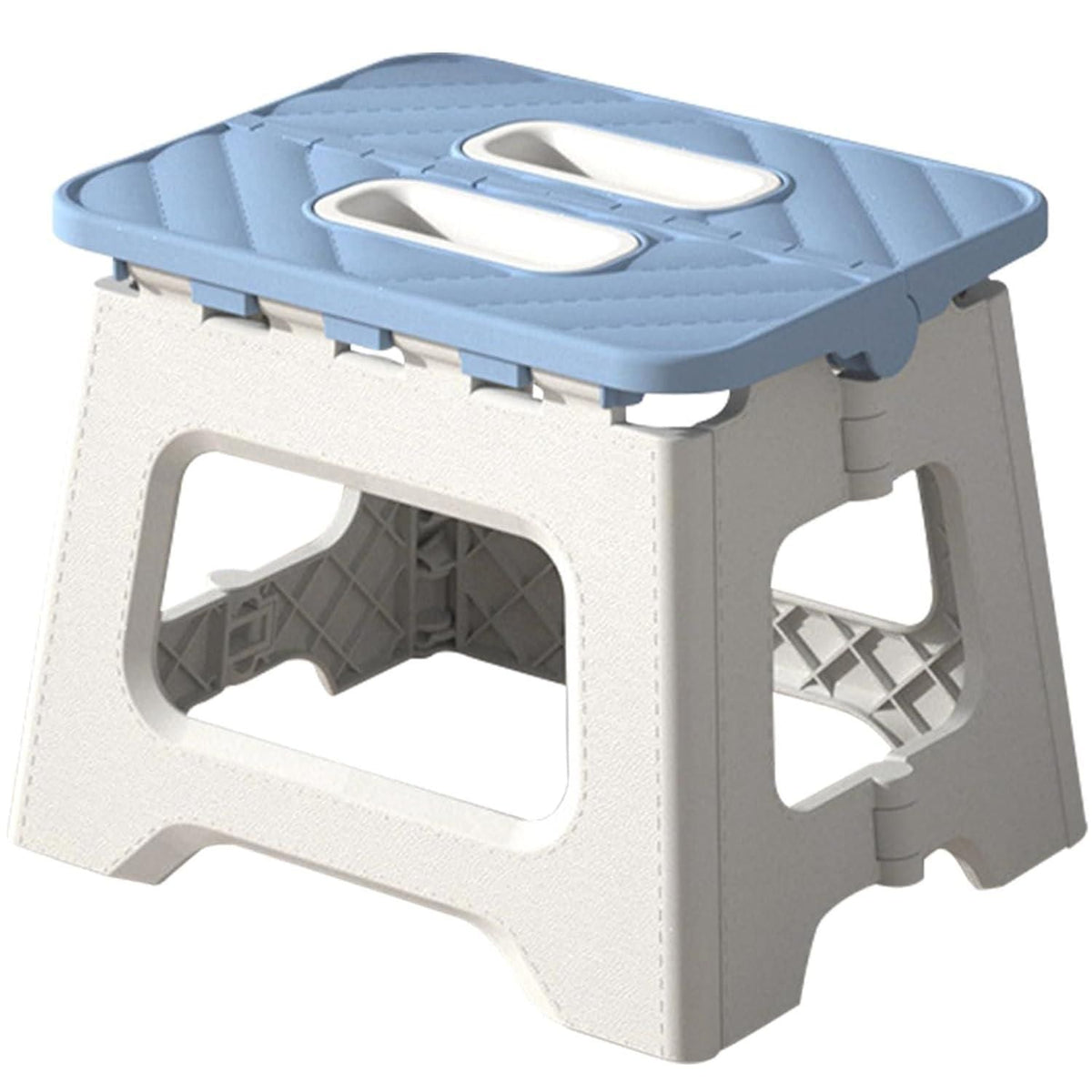 A plastic folding stool with an integrated handle in a collapsed state.