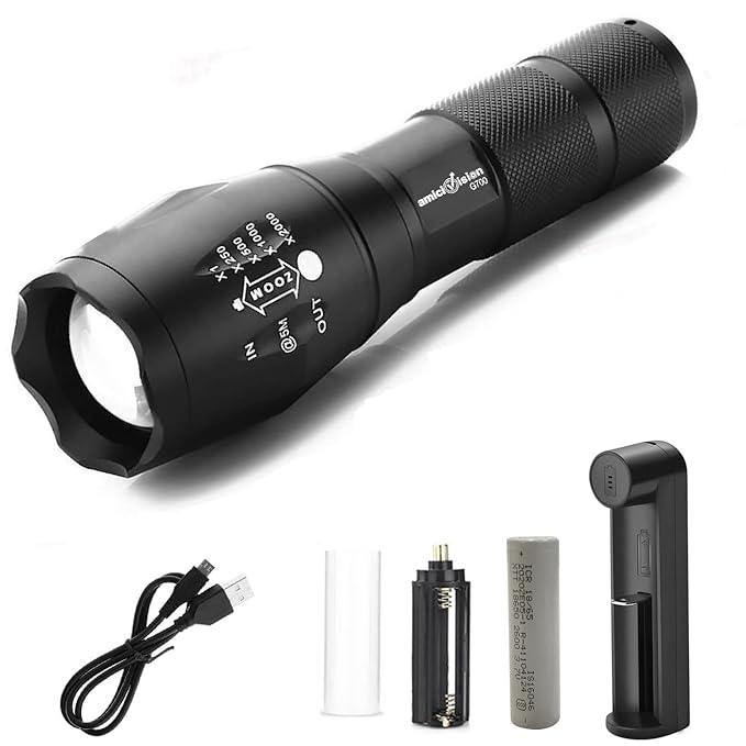 A black metal LED flashlight with an adjustable zoomable lens head.