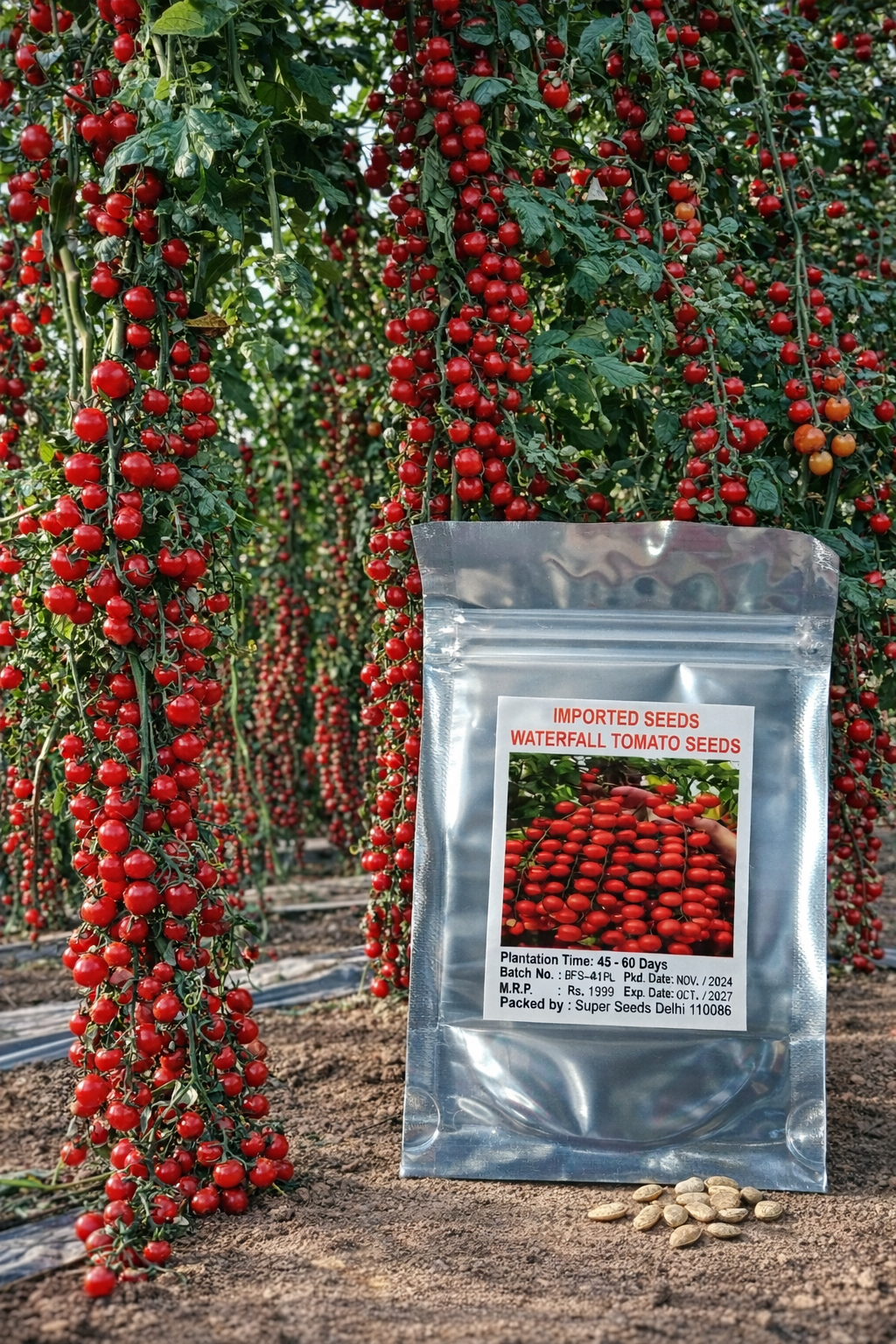 A single packet of Waterfall Tomato seeds ready for planting