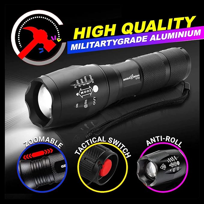 Metal LED Flashlight with 5 Lighting Modes and Zoom Function for Outdoor Use