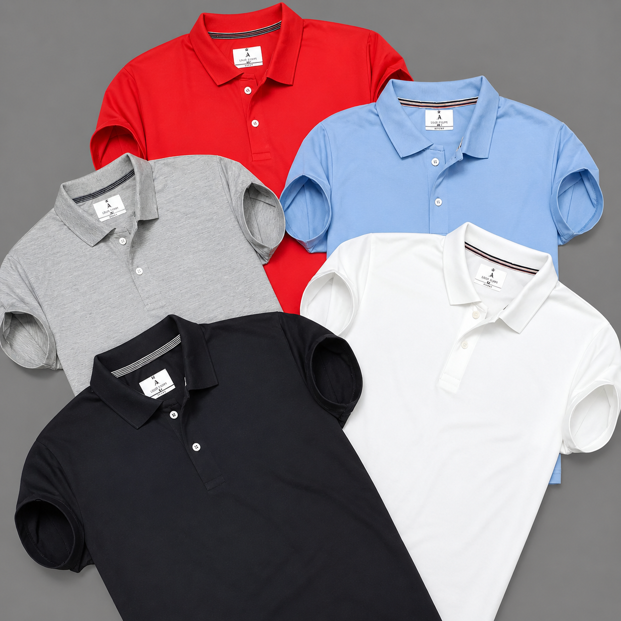 A stack of five polo t-shirts in red, black, white, sky blue, and grey colours.