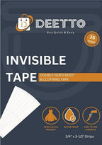 A pack of 36 clear double-sided adhesive strips for securing clothing and fashion garments.