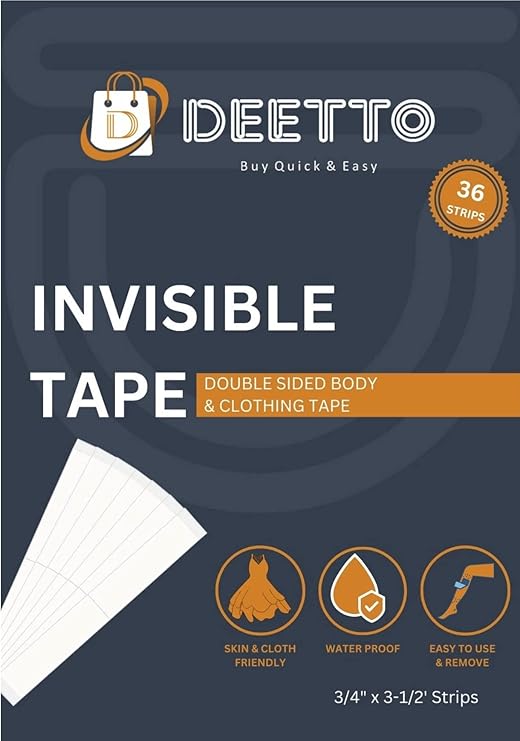 A pack of 36 clear double-sided adhesive strips for securing clothing and fashion garments.