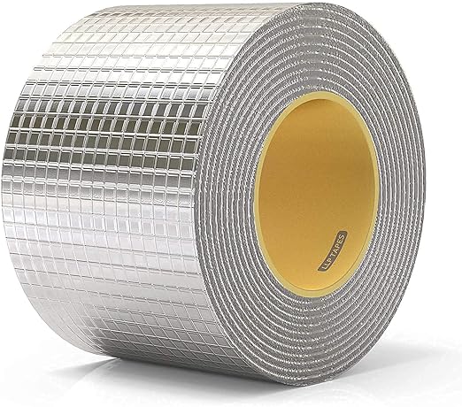 A roll of metallic silver aluminium flashing tape with a self-adhesive backing for leak repair