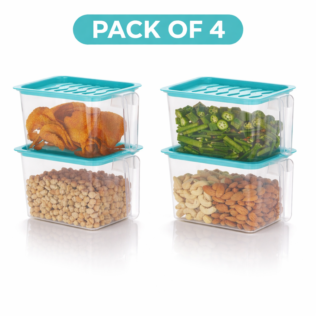A set of four clear plastic rectangular fridge storage containers