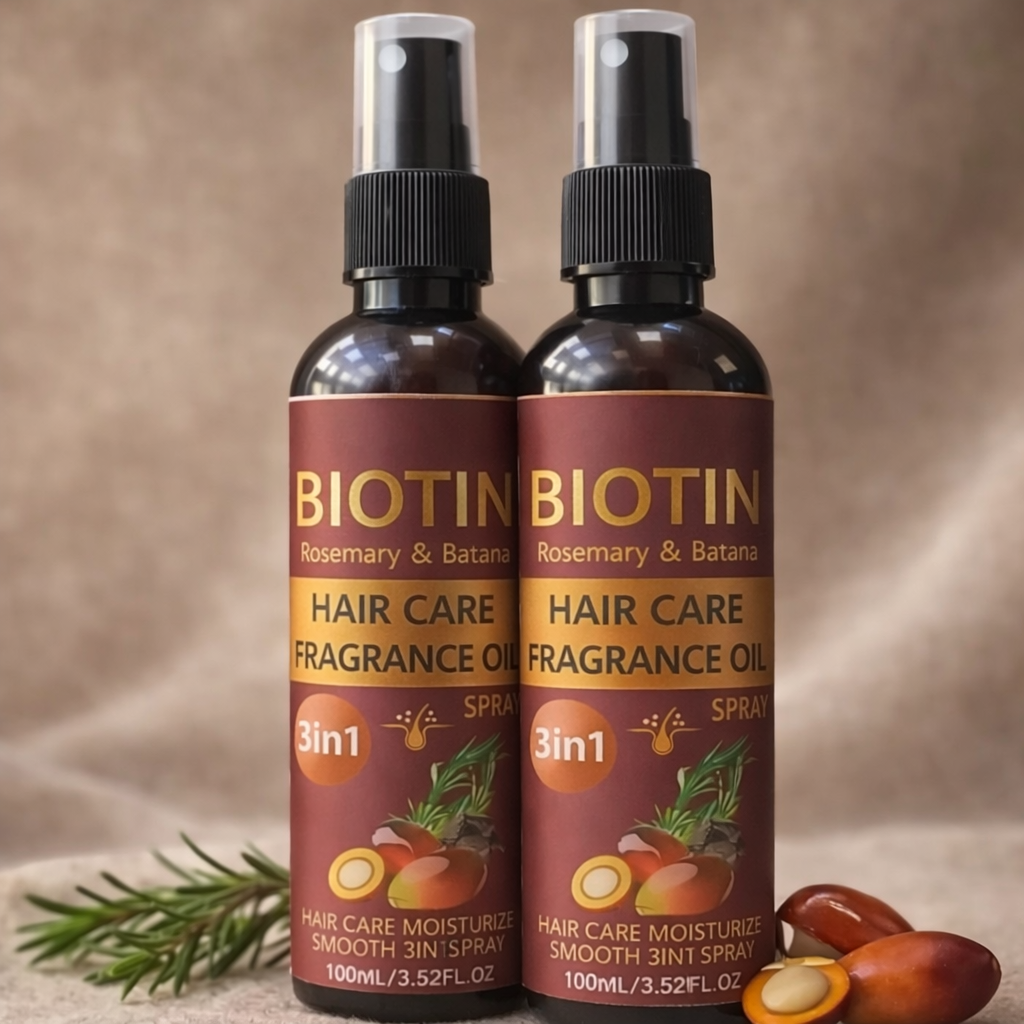 Two bottles of 3-in-1 Rosemary and Batana hair oil spray, 100ml each.