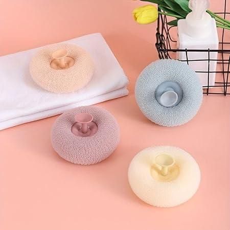 A textured loofah bath towel scrub shown in a bright assorted color.