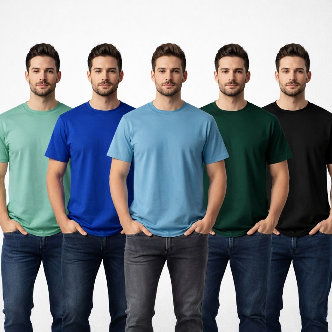 A stack of five folded cotton round neck half sleeve t-shirts