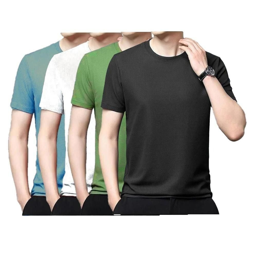 A set of four round neck t-shirts in black, green, white, and sky blue