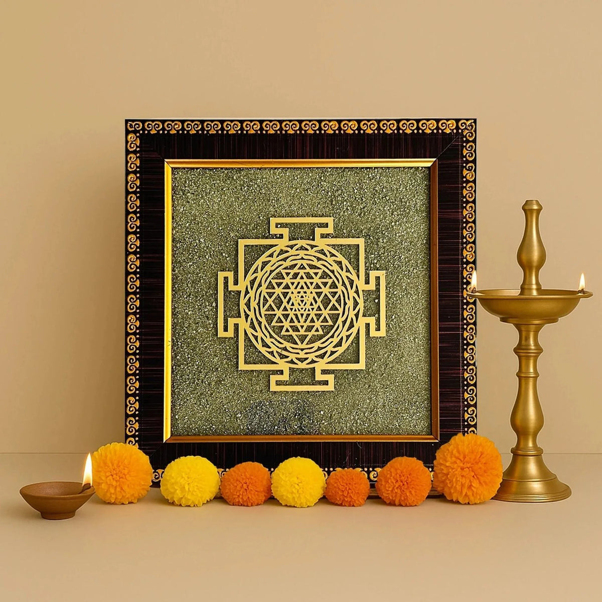 A decorative Shree Yantra mounted on a Pyrite-style frame for tabletop display.