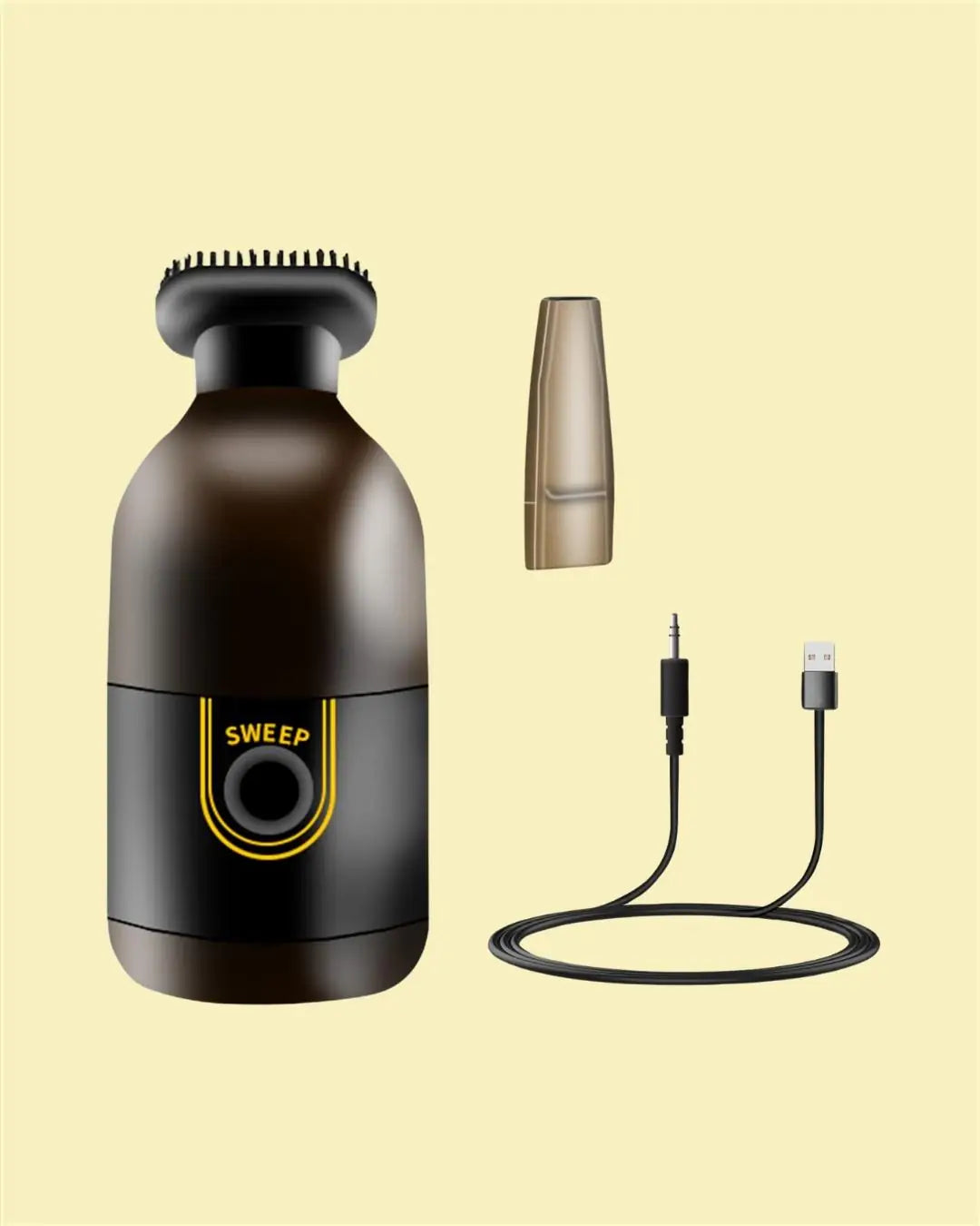 A portable USB mini table vacuum cleaner resting on a desk surface