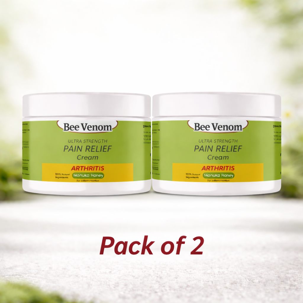 Two tubes of Bee Venom Ultra Strength Pain Relief Cream standing upright