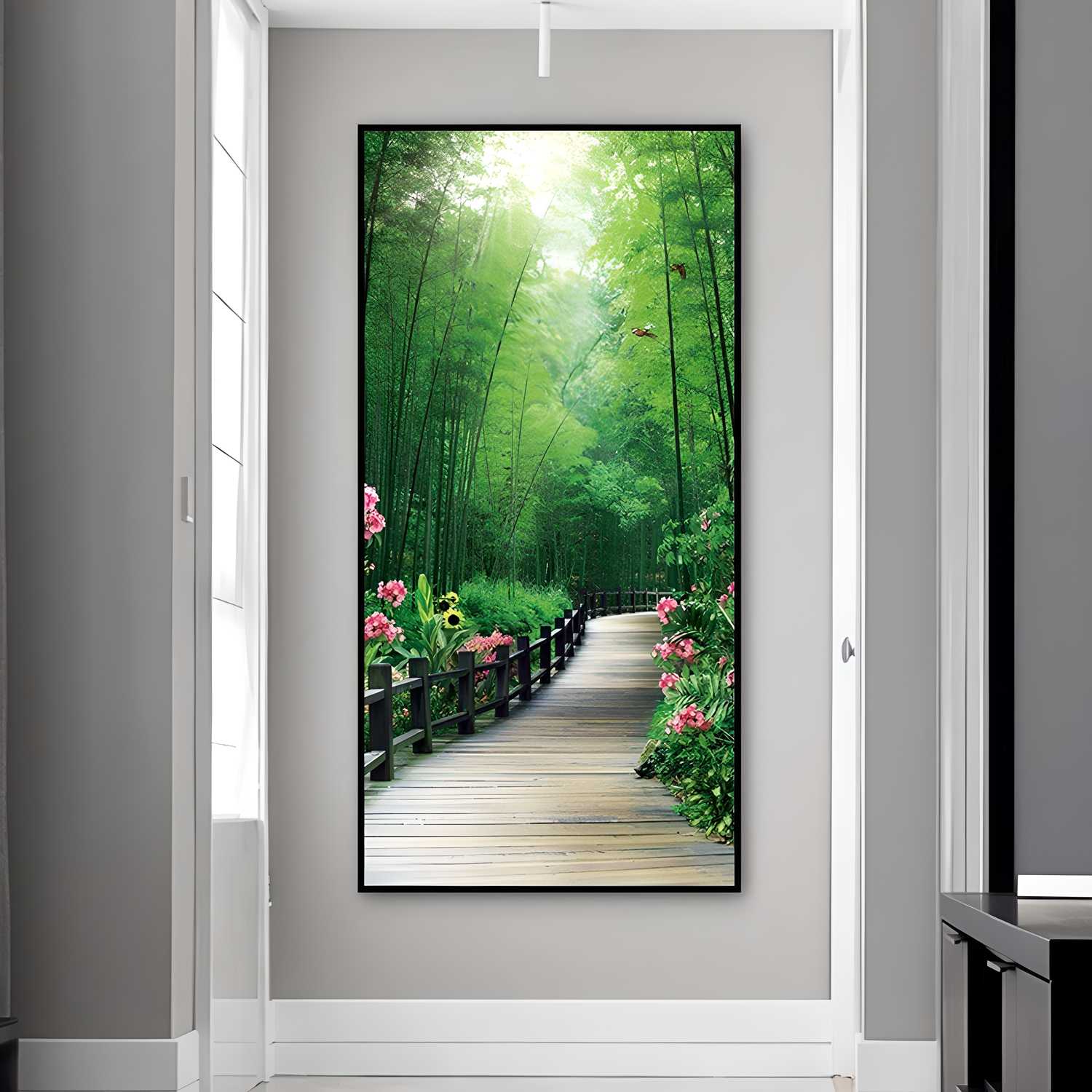 A vinyl canvas painting featuring a serene bamboo road for wall decoration
