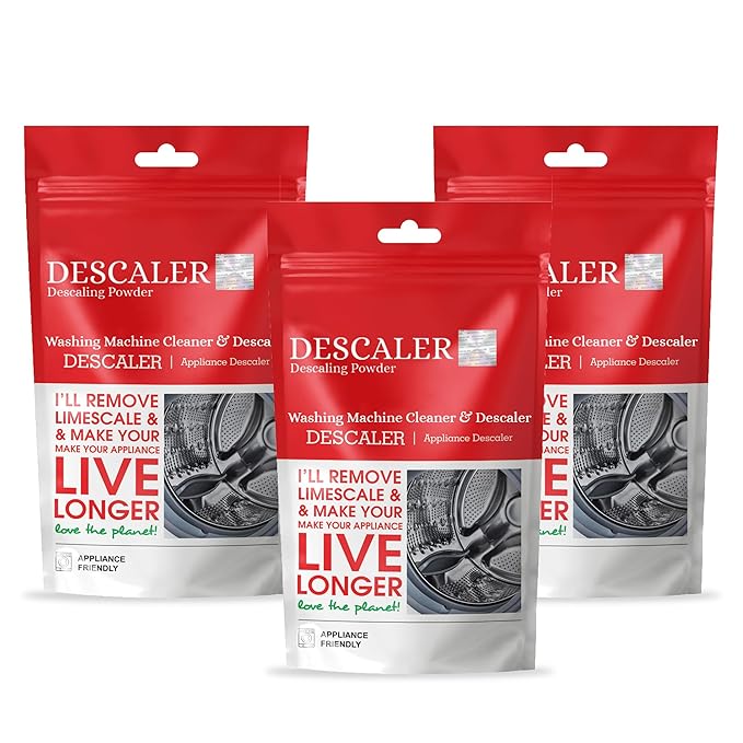 Three sachets of washing machine descaling powder in a pack