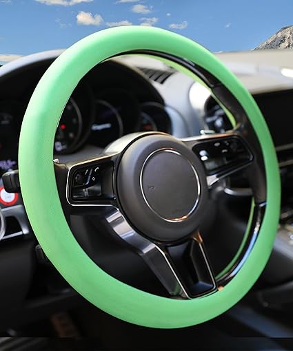 A universal fit soft silicone steering wheel cover with a flexible texture in a random colour.