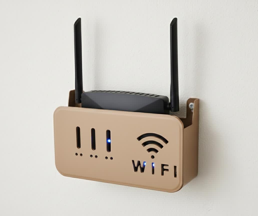 A white plastic Wifi Router Storage Box placed on a desk to conceal router cables and power cords